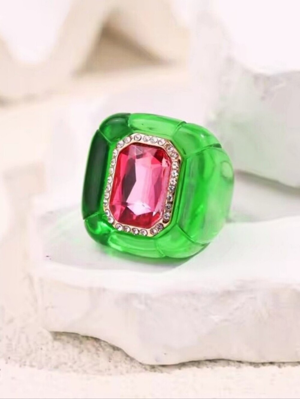 Green Resin & Pink Rhinestone Ring, Diamond Studded, Similar to Swarovski NWOT